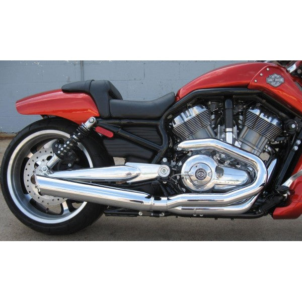 Red motorcycle with a close-up of the engine and exhaust on a gray background