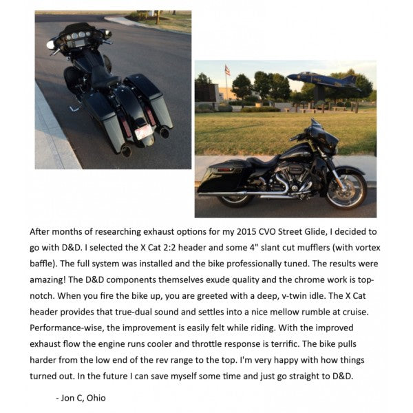 Two images of motorcycles with text about exhaust system installation and results.