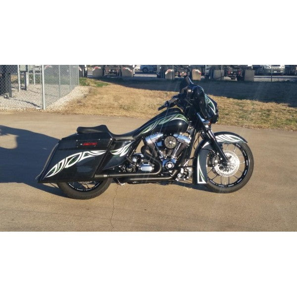 Black motorcycle with white designs on a paved surface