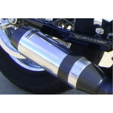Close-up of a motorcycle exhaust with chrome finish