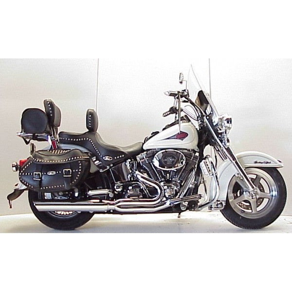 Motorcycle with black leather seats and saddlebags on a white background