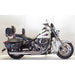 Motorcycle with black leather seats and saddlebags on a white background