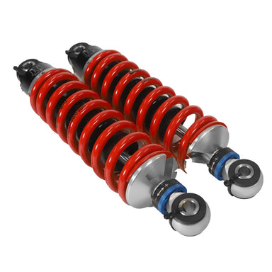 Red shock absorbers with silver and black components on a white background