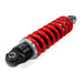 Red shock absorber with black and silver components on a white background
