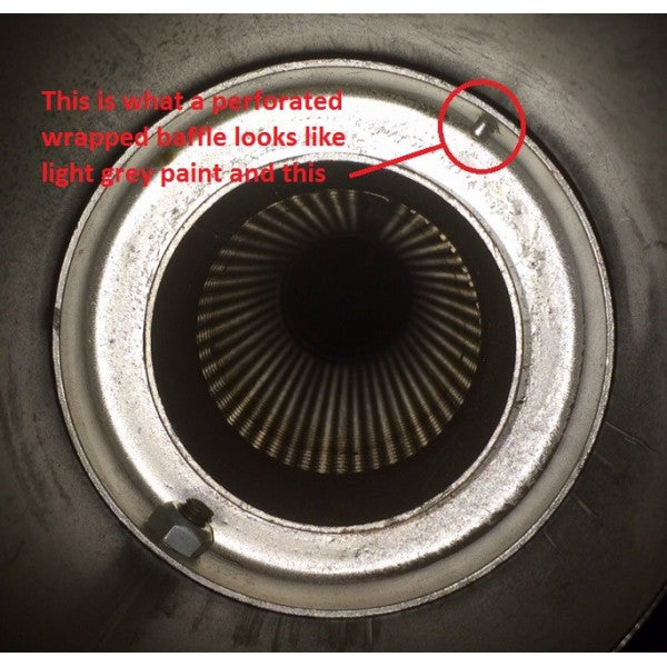 Perforated wrapped baffle with light gray paint and red circle highlighting a feature