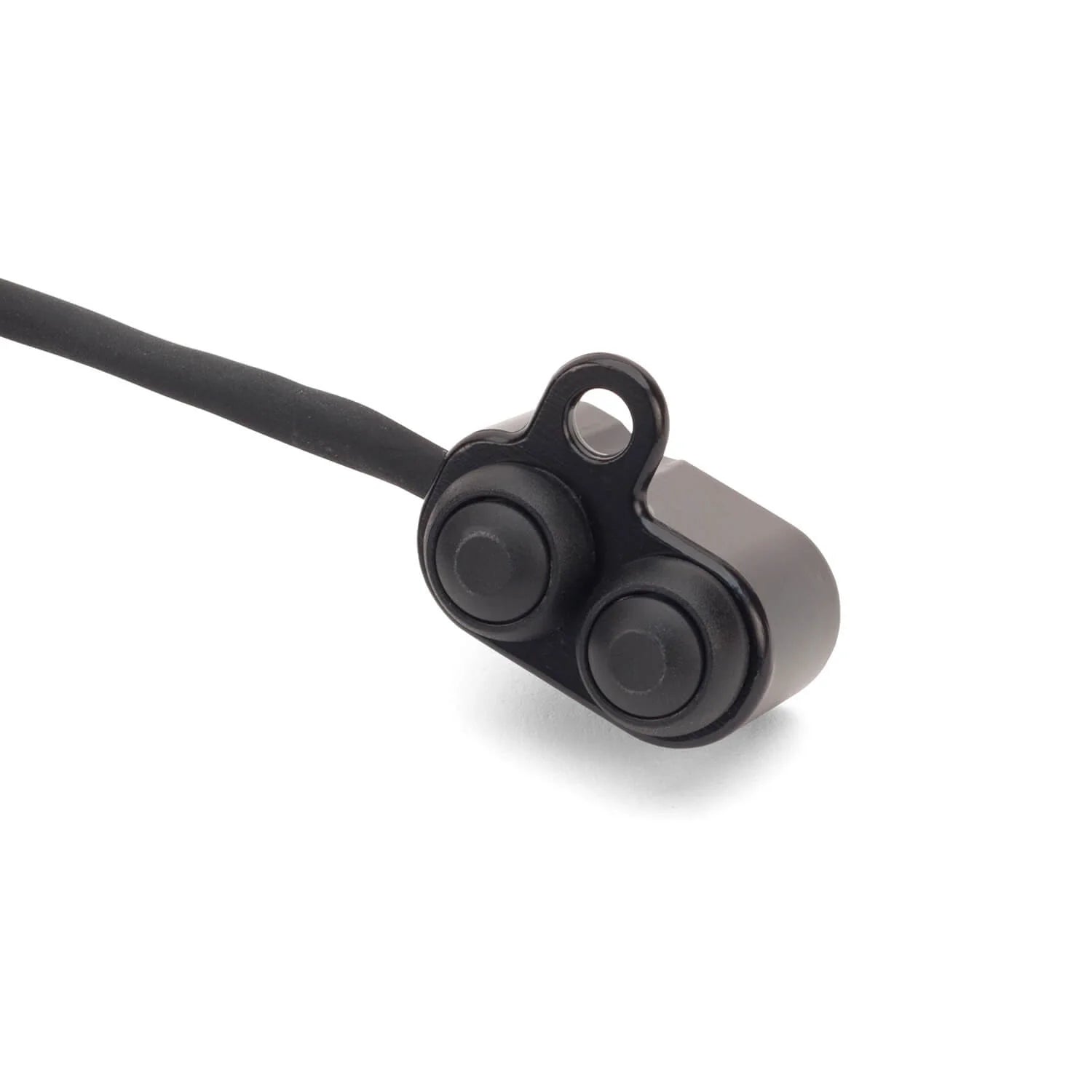 Black camera lens with cable on a white background