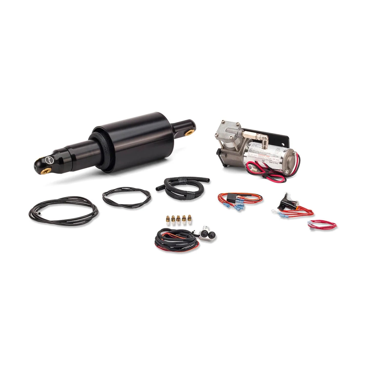 Automotive parts including a black cylindrical component, wiring harnesses, and connectors on a white background.