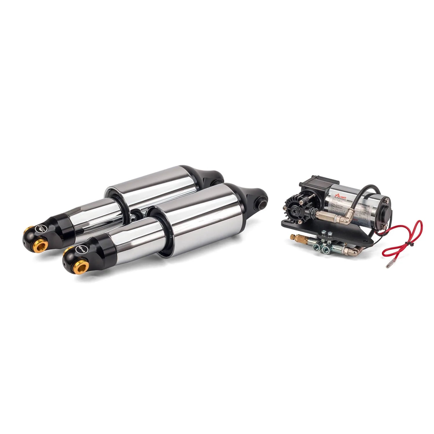 Two cylindrical metal components with black ends on a white background