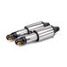 Two metallic shock absorbers on a white background