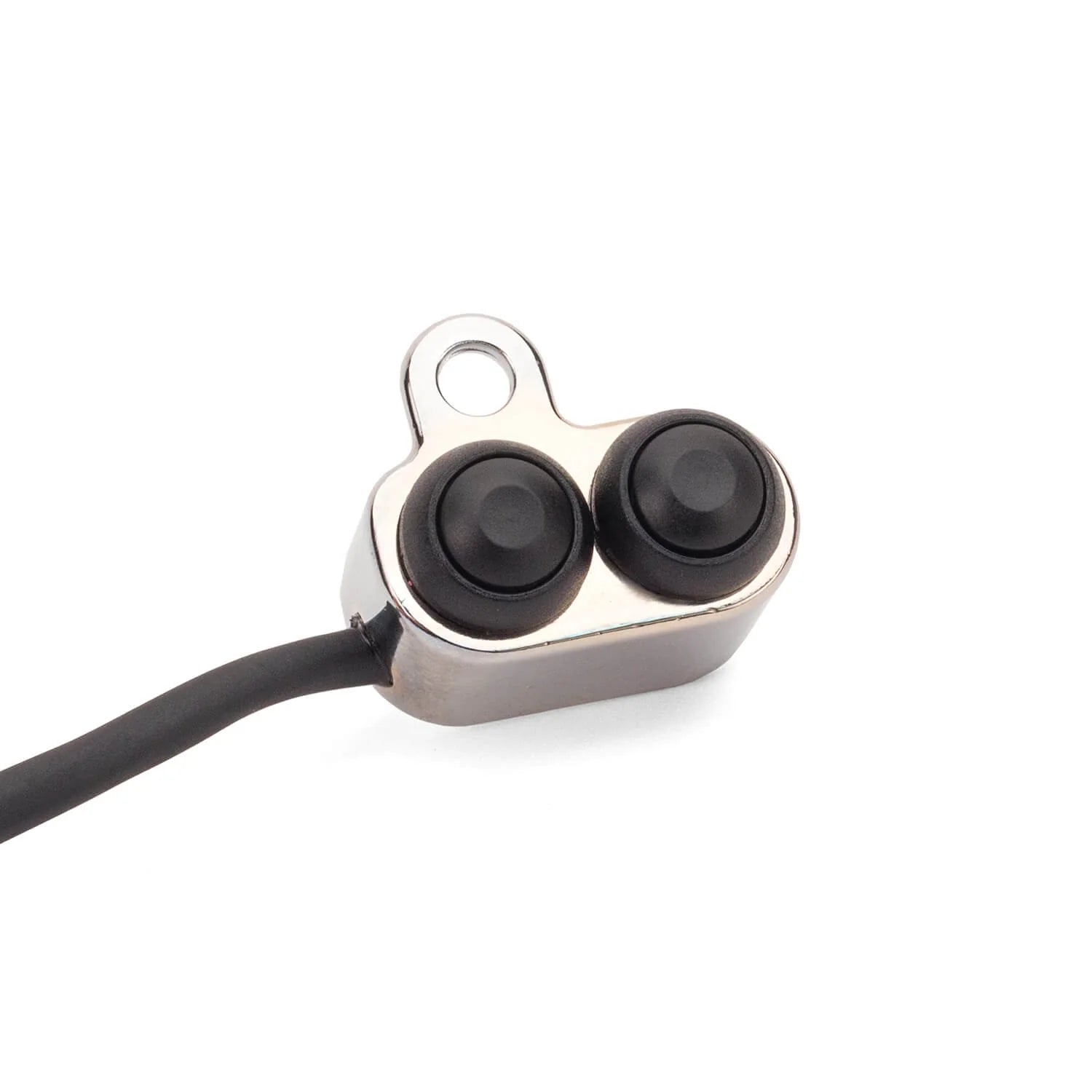 Small electronic component with two black buttons and a cable on a white background