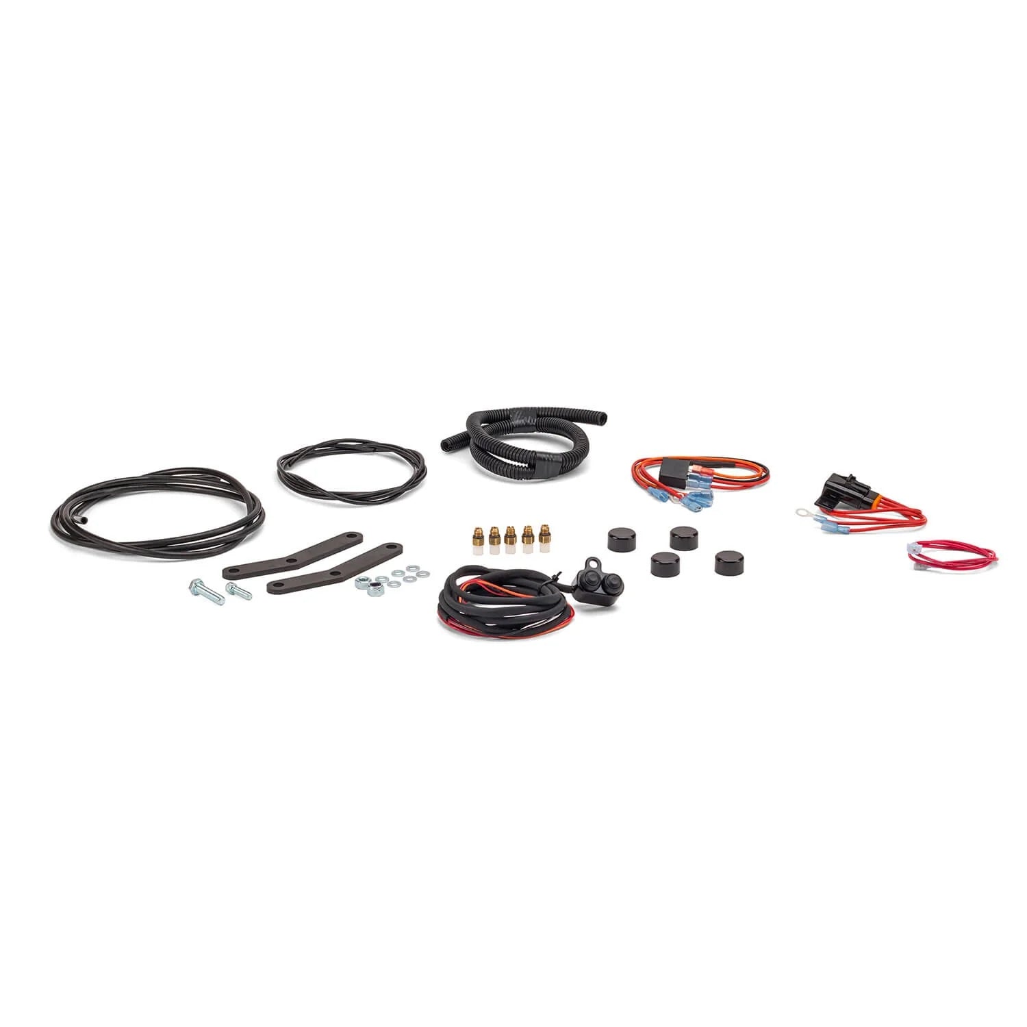 Collection of automotive wiring harnesses and connectors on a white background