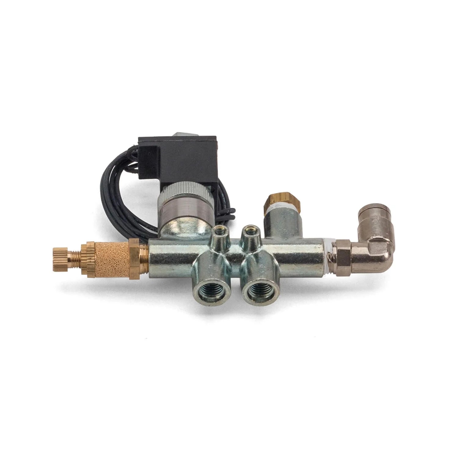 Mechanical valve assembly with brass and stainless steel components on a white background
