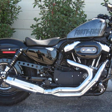 Black motorcycle with 'Forty-Eight' branding parked outdoors.